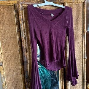 Fairycore Free People V-Neck Long-Sleeve Bell-Sleeve Top in Deep Plum